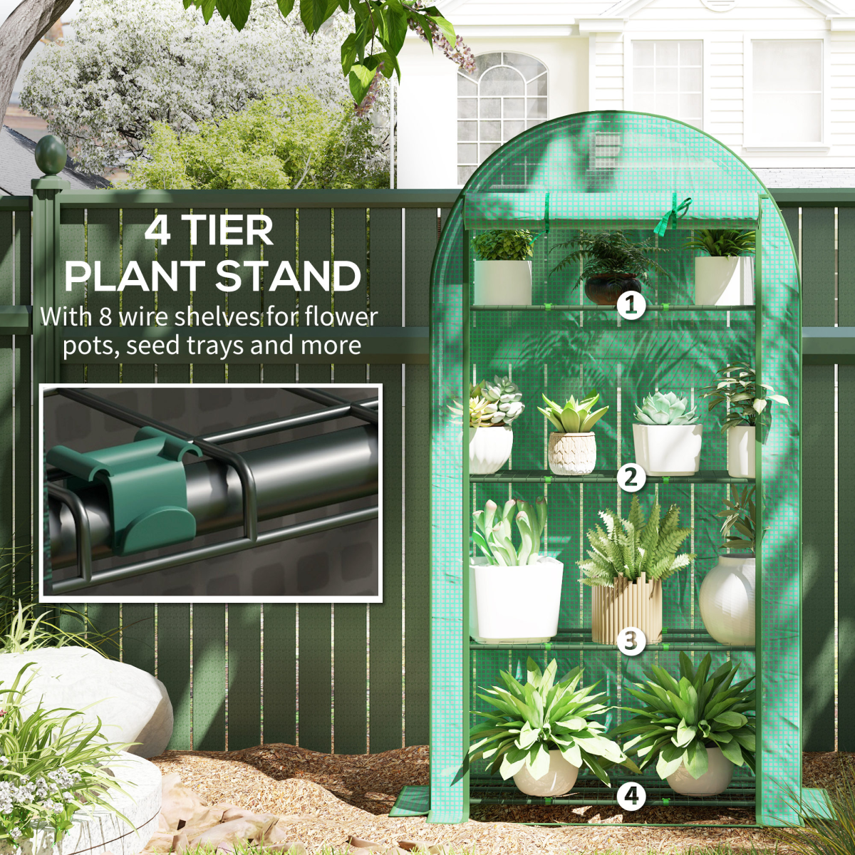 Outsunny 4 Tier Mini Greenhouse with Reinforced PE Cover, Roll-Up Zip Door, Green