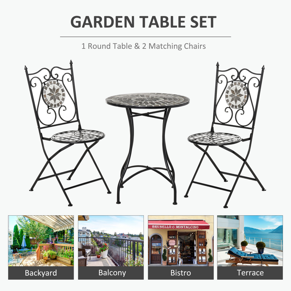 Outsunny 3-Piece Mosaic Tile Garden Bistro Set with Folding Chairs