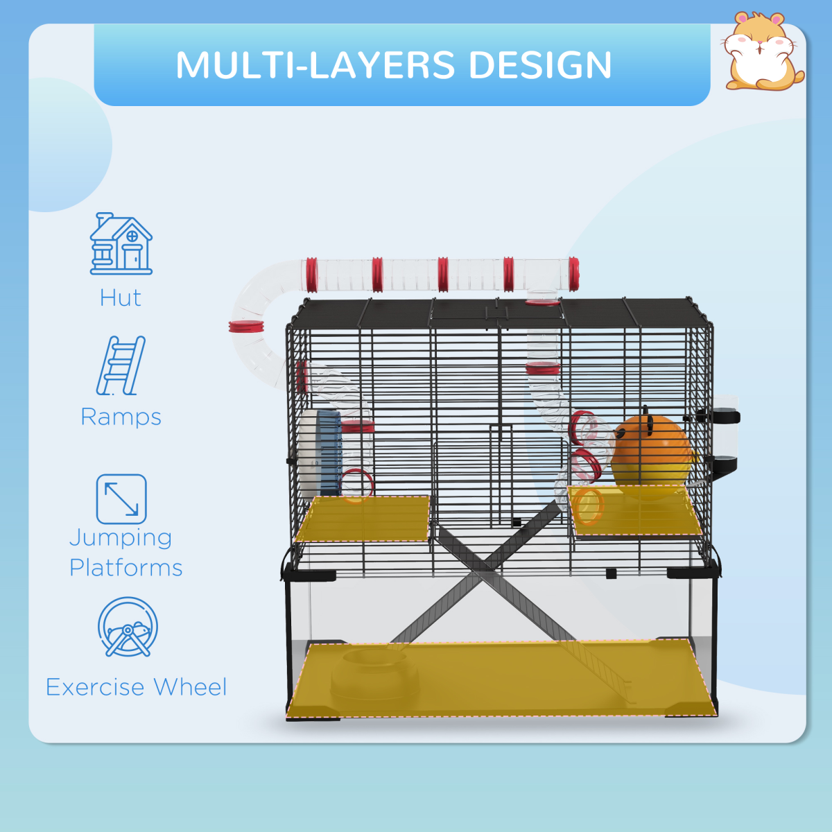 PawHut Hamster Cage with Tubes, Ramps, Platforms and Hut, 60 x 40 x 57 cm