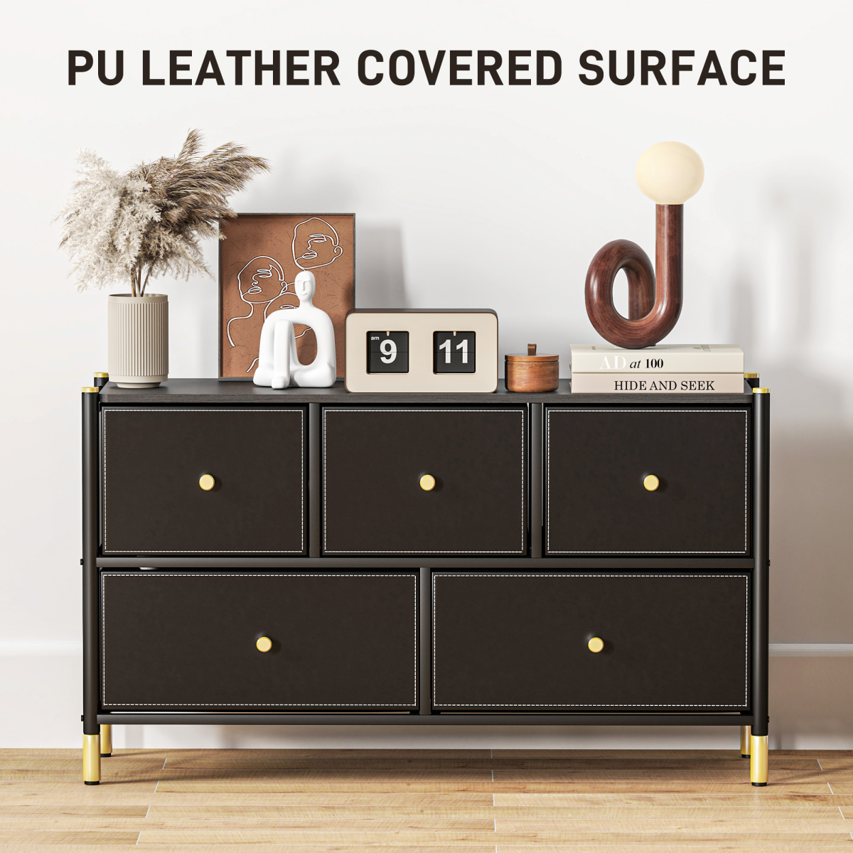 HOMCOM Black Fabric Chest of Drawers with PU Leather Surface