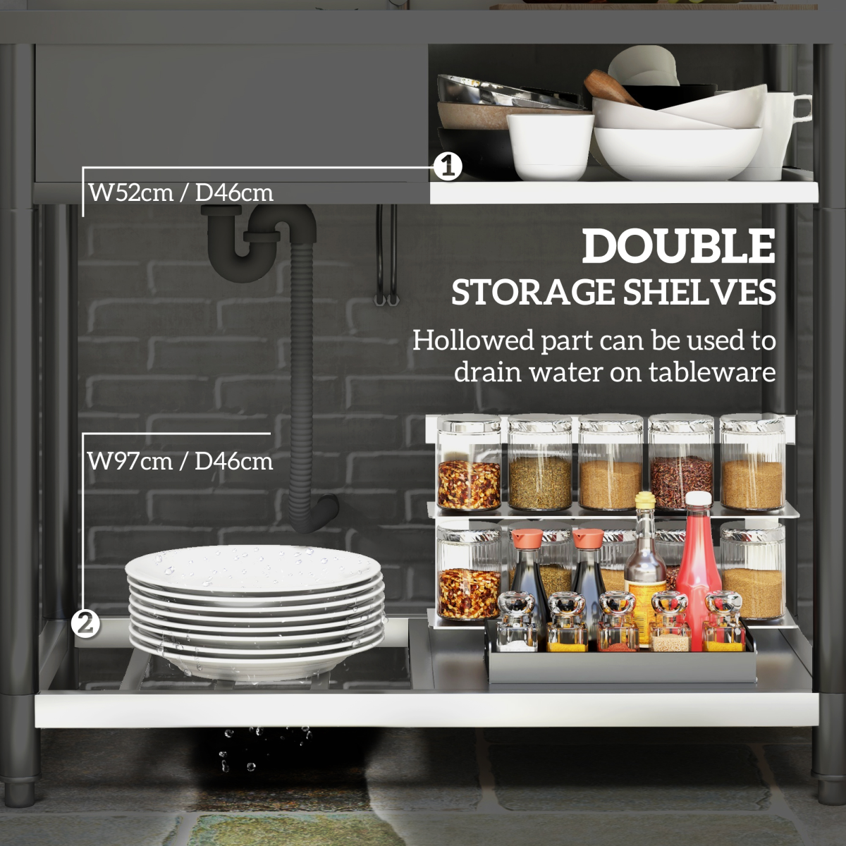 HOMCOM Stainless Steel Outdoor Kitchen Sink Unit with Hot and Cold Water Connection, Storage Shelves and Backsplash