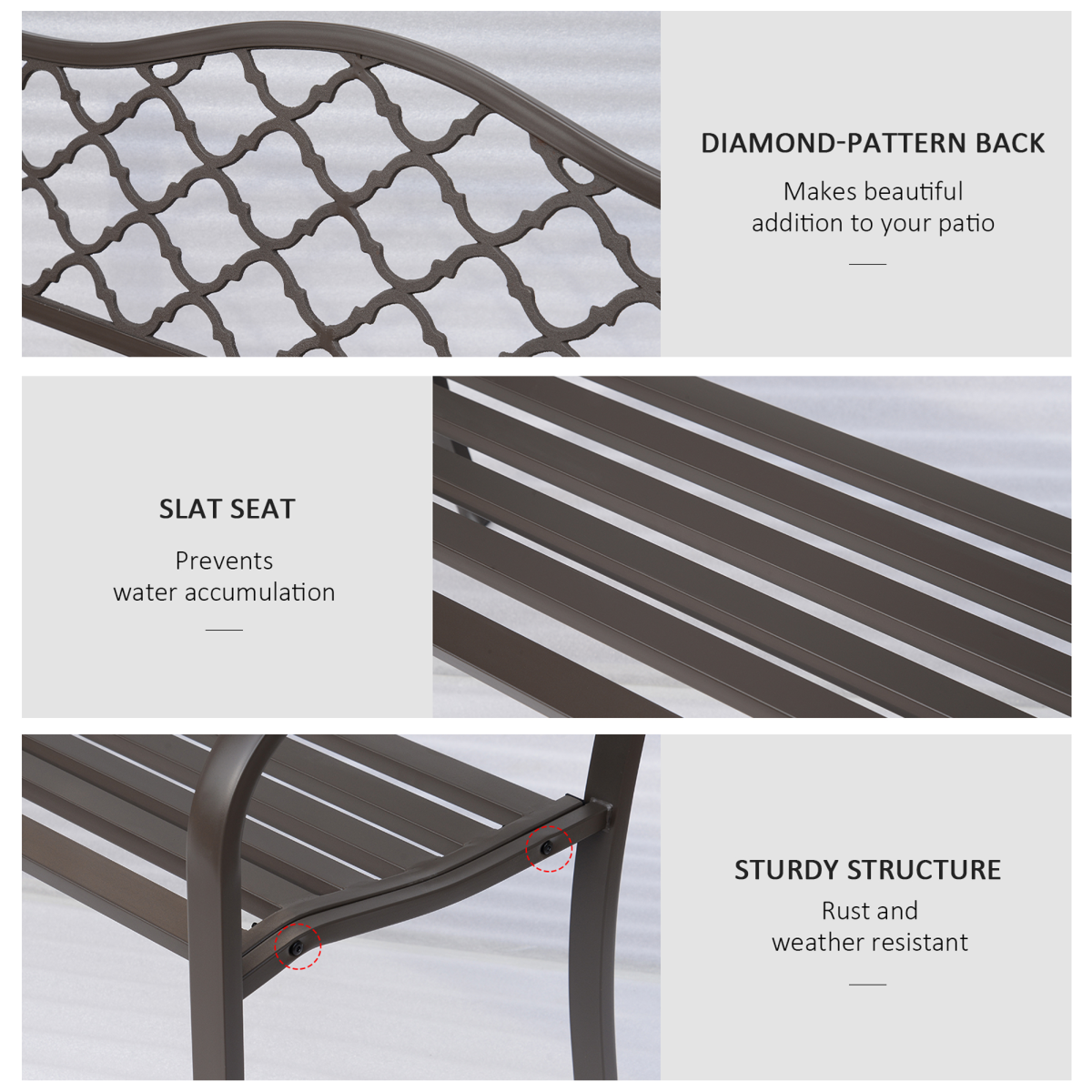 Outsunny Outdoor Double Seat Steel Porch Bench with Geometric Cut-Out Back and Slatted Seat