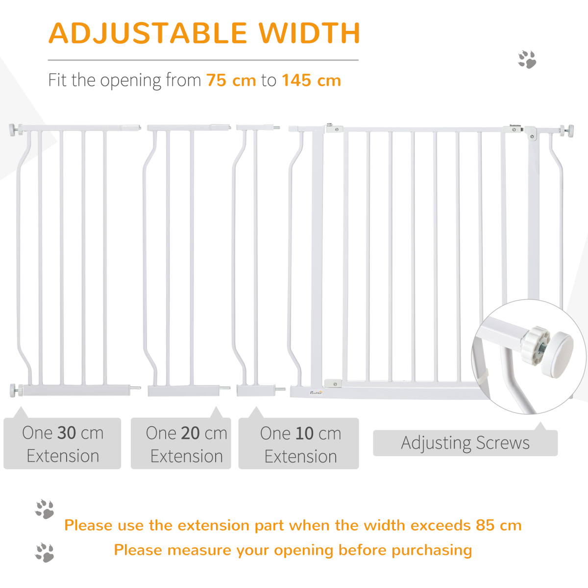 Adjustable Metal Pet Safety Gate for Doorways, White, 75-145cm