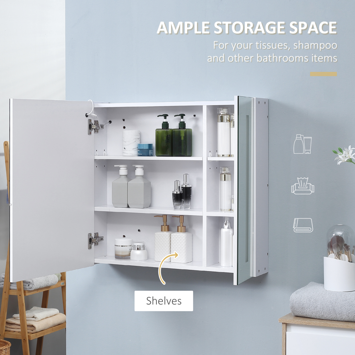 kleankin LED Illuminated Bathroom Mirror Cabinet with Touch Sensor, USB Powered, Double Mirrored Doors, Adjustable Shelf, Wall Mounted Storage Cabinet, 70 x 15 x 65 cm