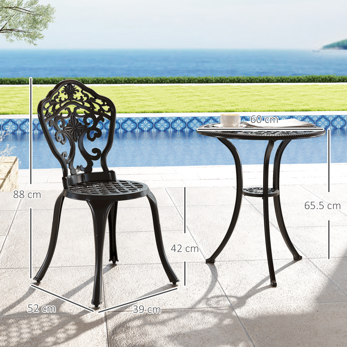 Outsunny 3-Piece Cast Aluminium Bistro Set with Parasol Hole, Black