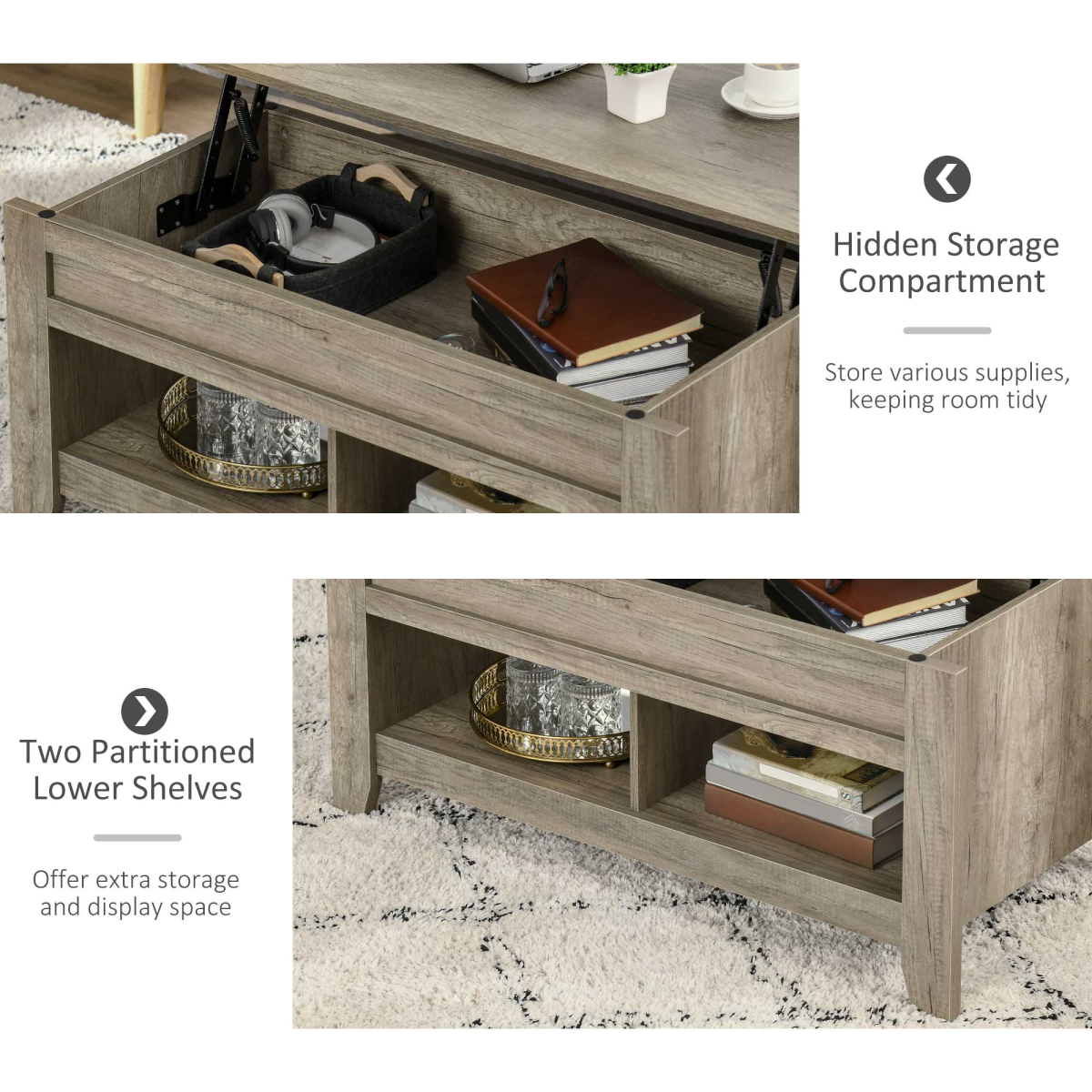 HOMCOM Oak Lift-Top Coffee Table with Hidden Storage and Shelves