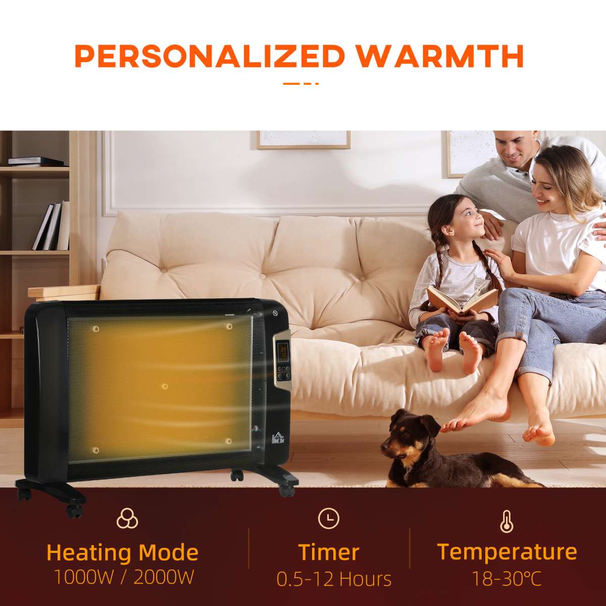 HOMCOM Electric Space Heater with Adjustable Thermostat 15-40C, 1000W/2000W, 12-Hour Timer, Remote Control, Black