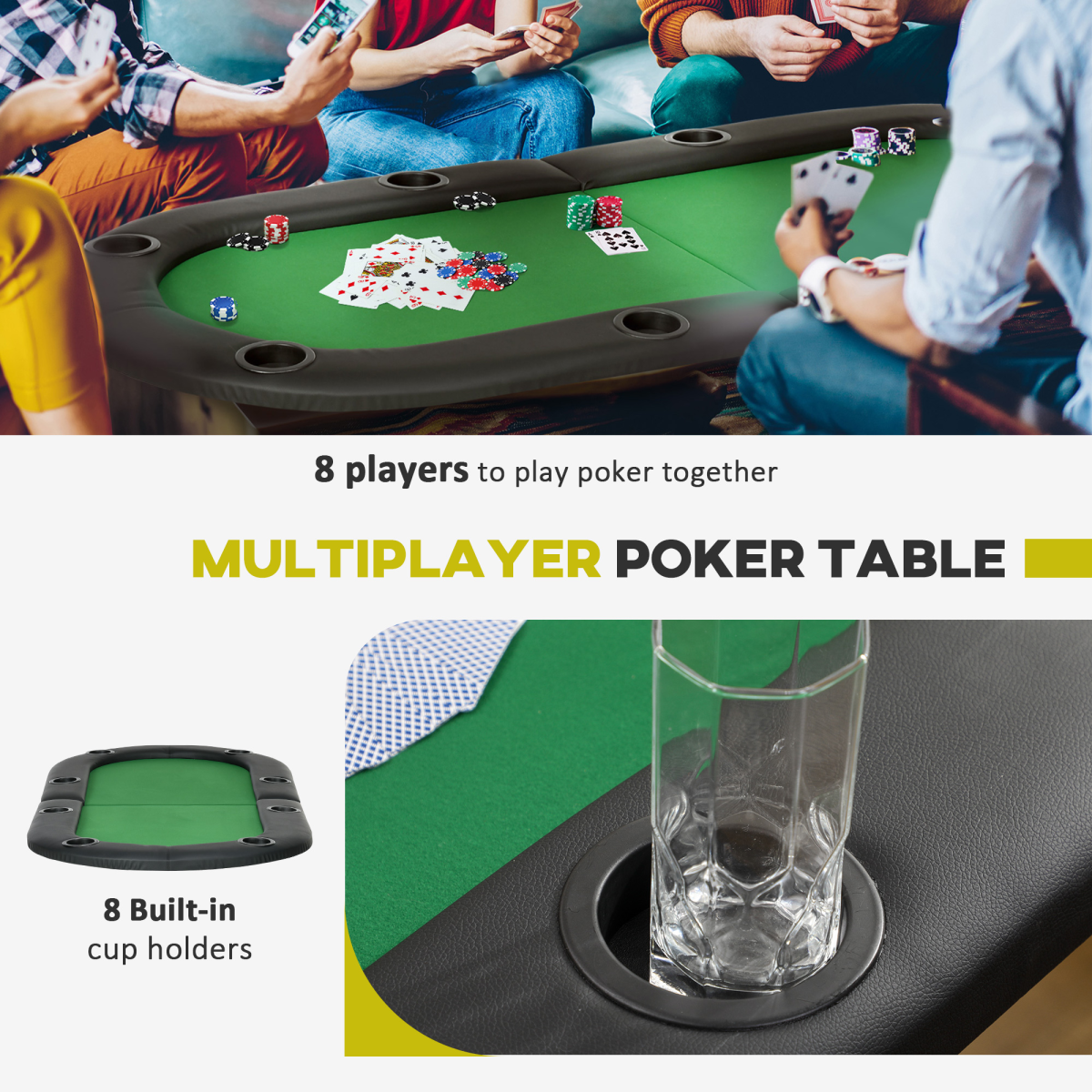 HOMCOM Foldable Poker Table Top for 8 Players with Drink Holder