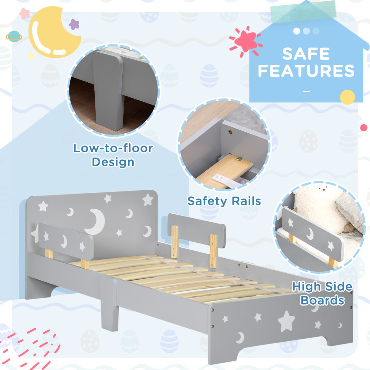 Grey Toddler Bed with Star & Moon Patterns for Ages 3-6