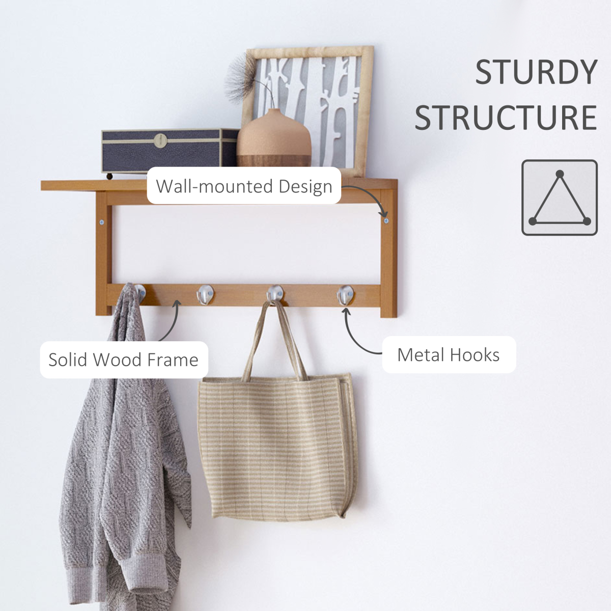 HOMCOM Wall Mounted Clothes Rack with Top Shelf and 4 Hooks, 50 x 17 x 20 cm