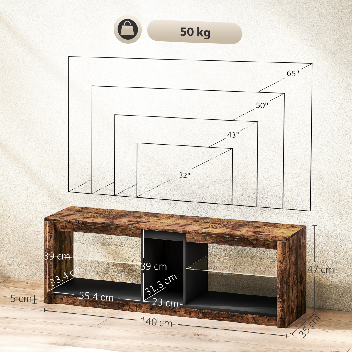 HOMCOM LED TV Stand, Rustic Brown, 140cm Entertainment Centre