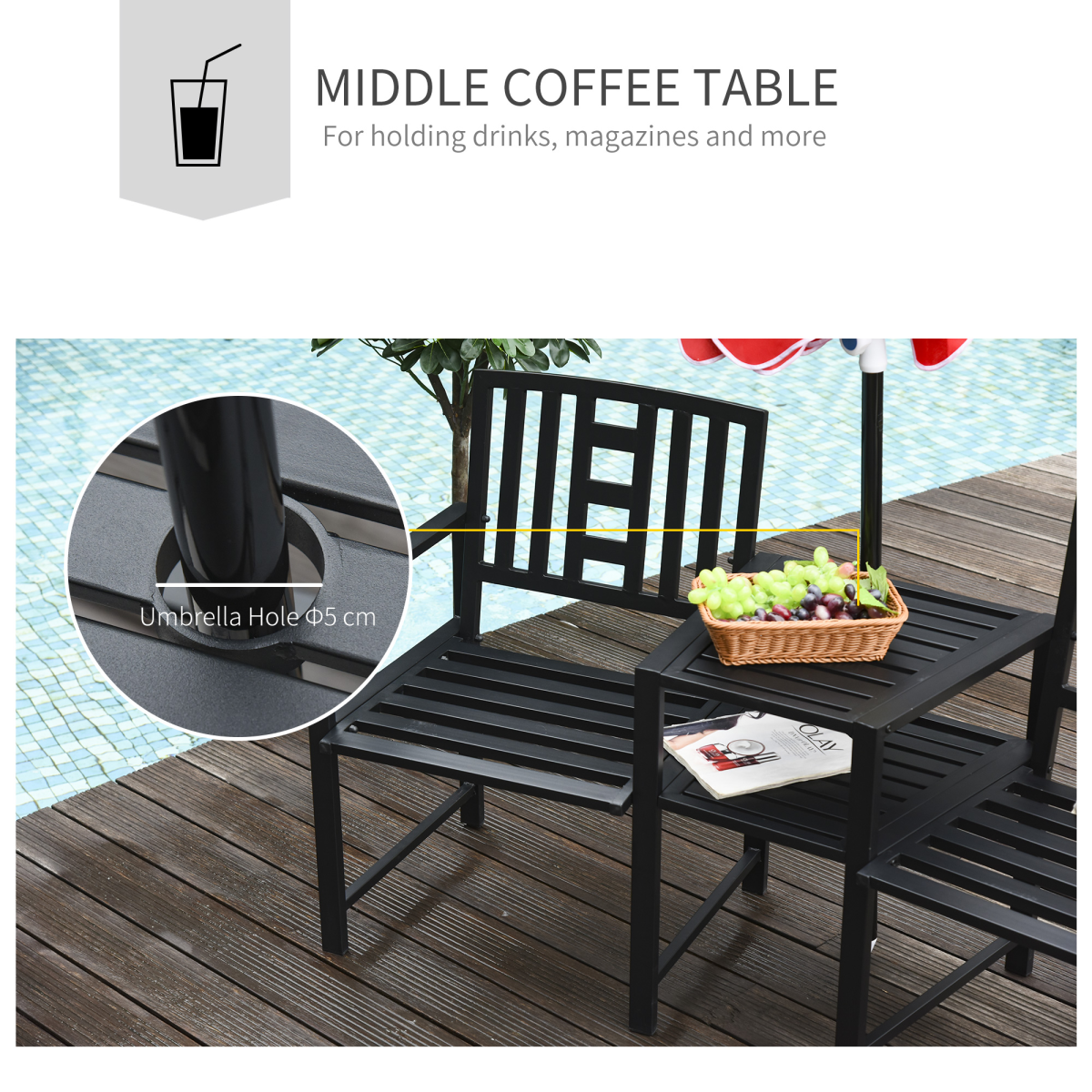 2-Seater Garden Bench with Middle Table, Slatted Patio Loveseat