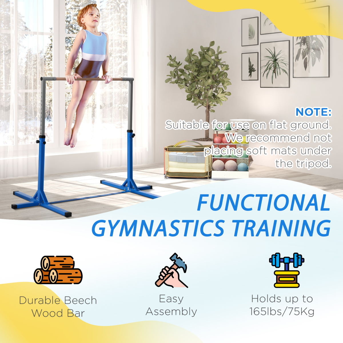 HOMCOM Adjustable Kids Gymnastics Bar, Steel Frame, Wood Bar, Blue