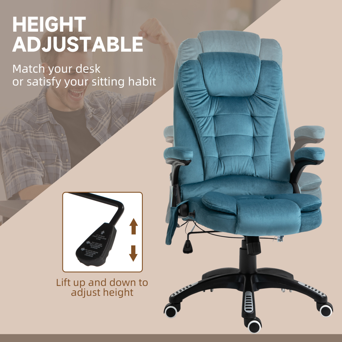 Blue Executive Reclining Office Chair with Heat Massage Headrest