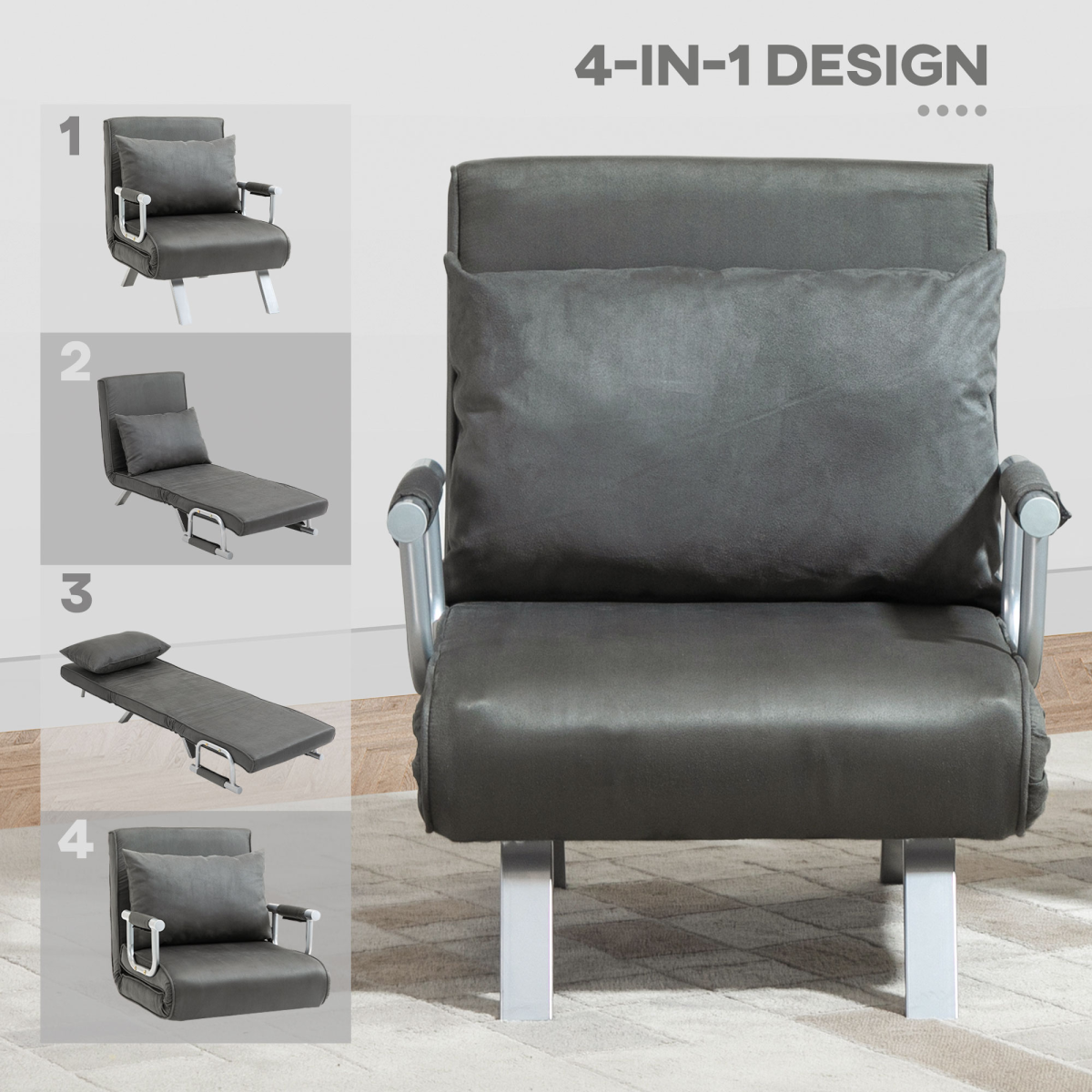 Foldable Sofa Bed Armchair Sleeper Lounge Chair with Adjustable Back, Dark Grey