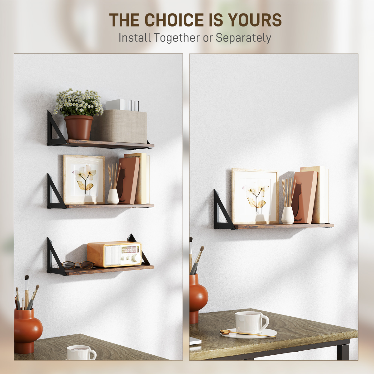 HOMCOM Set of 3 Vintage Wall Shelves, Rustic Brown