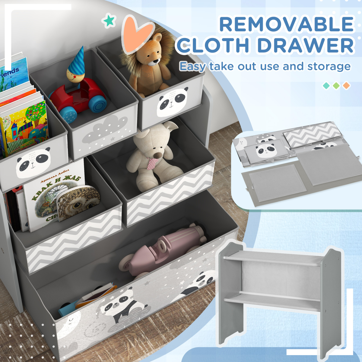 ZONEKIZ Kids Storage Unit with 6 Boxes, Grey Toy Organiser
