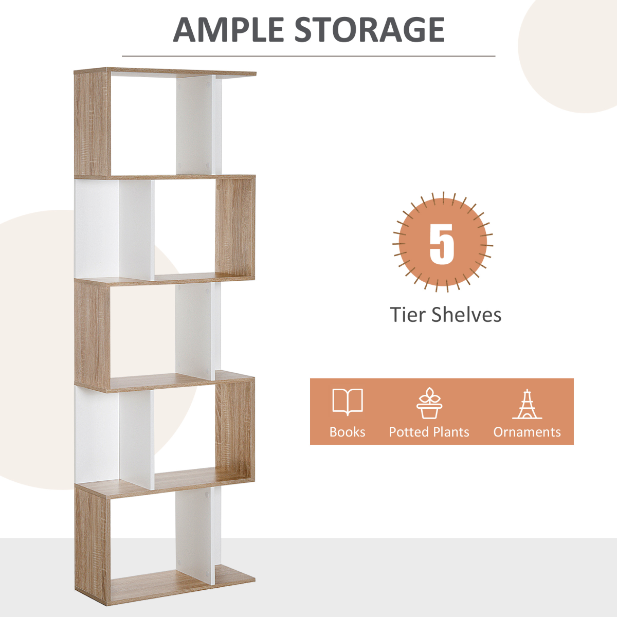 HOMCOM 5-Tier S-Shape Bookcase Display Shelving Unit, Natural