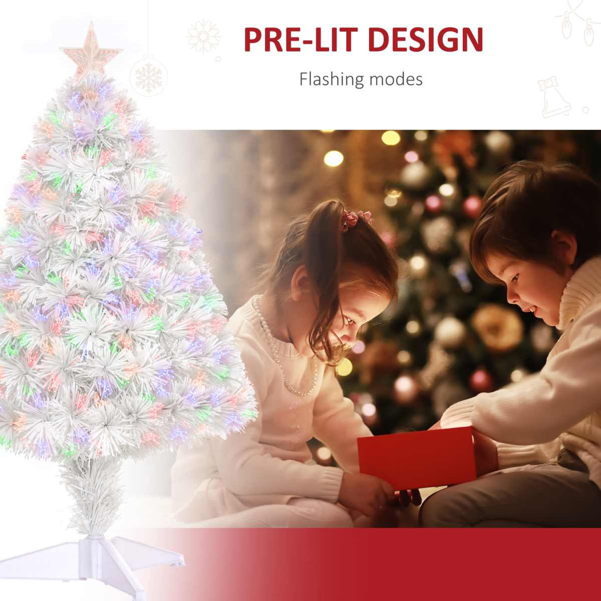 HOMCOM 2.5FT Prelit Artificial Tabletop Christmas Tree with Fibre Optic Lights, Star Top, 85 Branch Tips, White
