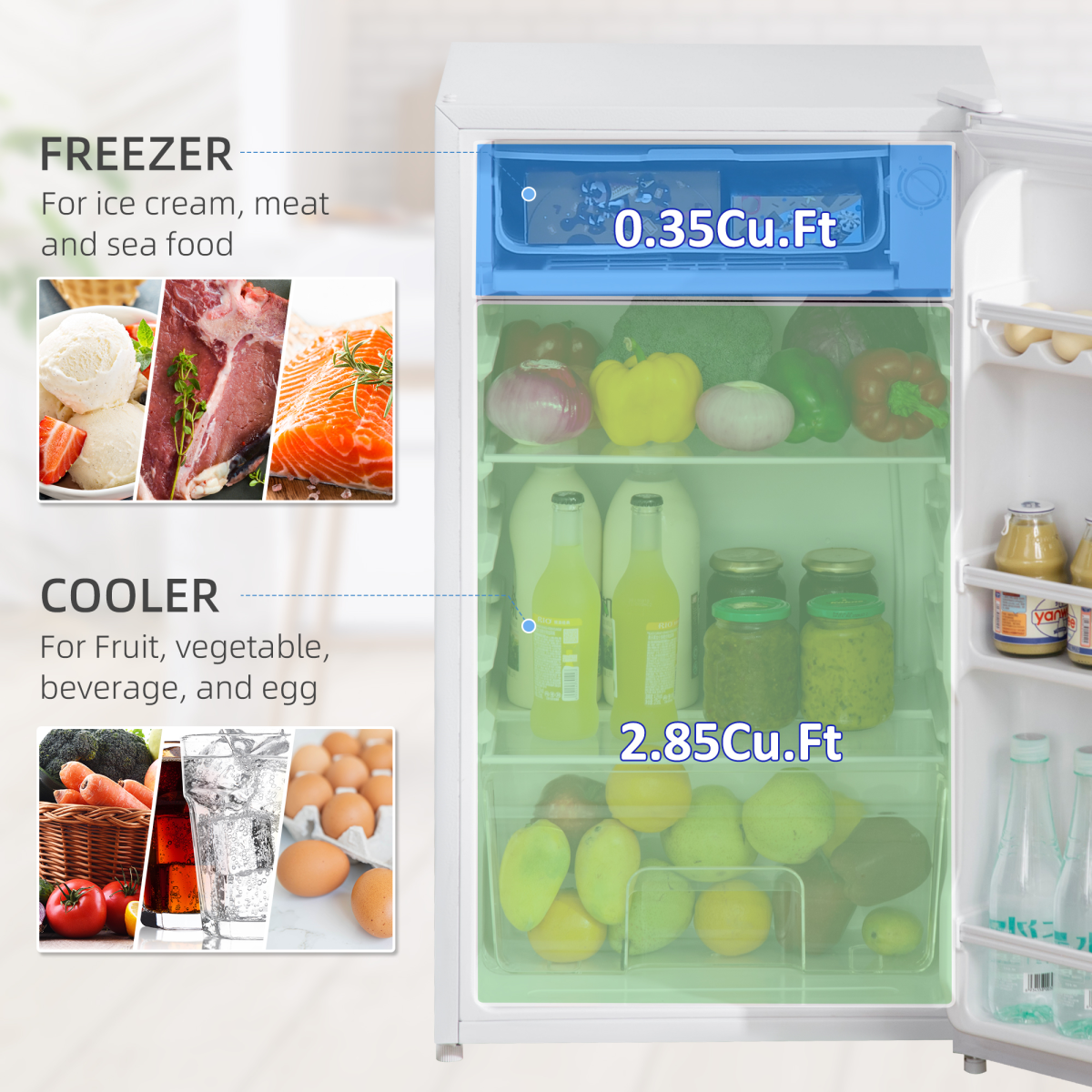HOMCOM 91L Freestanding Under Counter Fridge with Chiller Box, Reversible Door, White