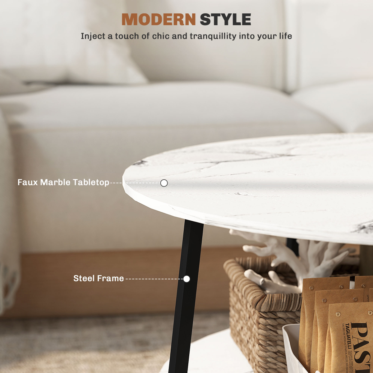 HOMCOM Round Coffee Table with Storage Shelf, Marble-Effect Top, White