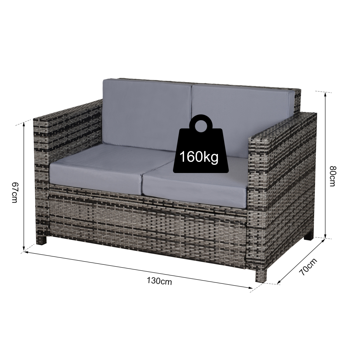 Outsunny 2-Seat Rattan Wicker Loveseat with Padded Cushions, Grey