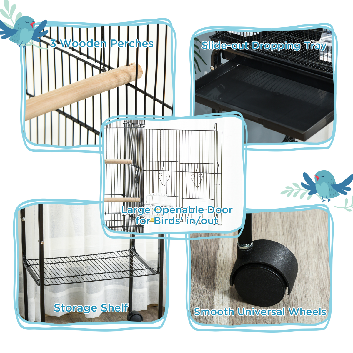 PawHut Bird Cage with Stand, Tray and Wheels for Small Birds, Black