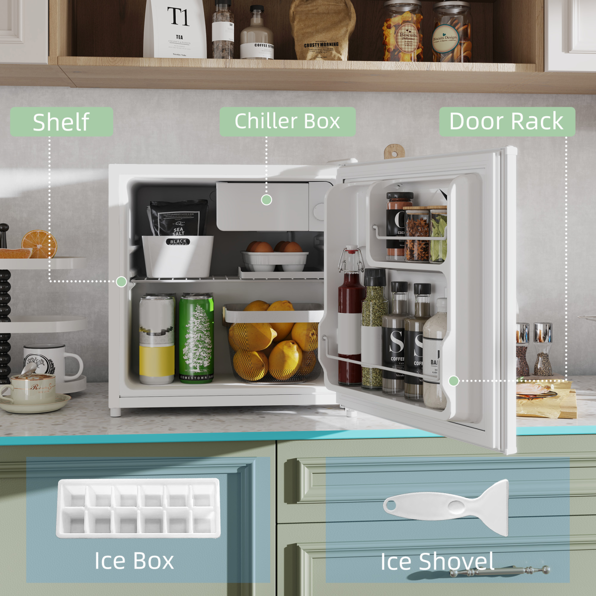 HOMCOM 46L Countertop Mini Fridge with Chiller Box, Cream