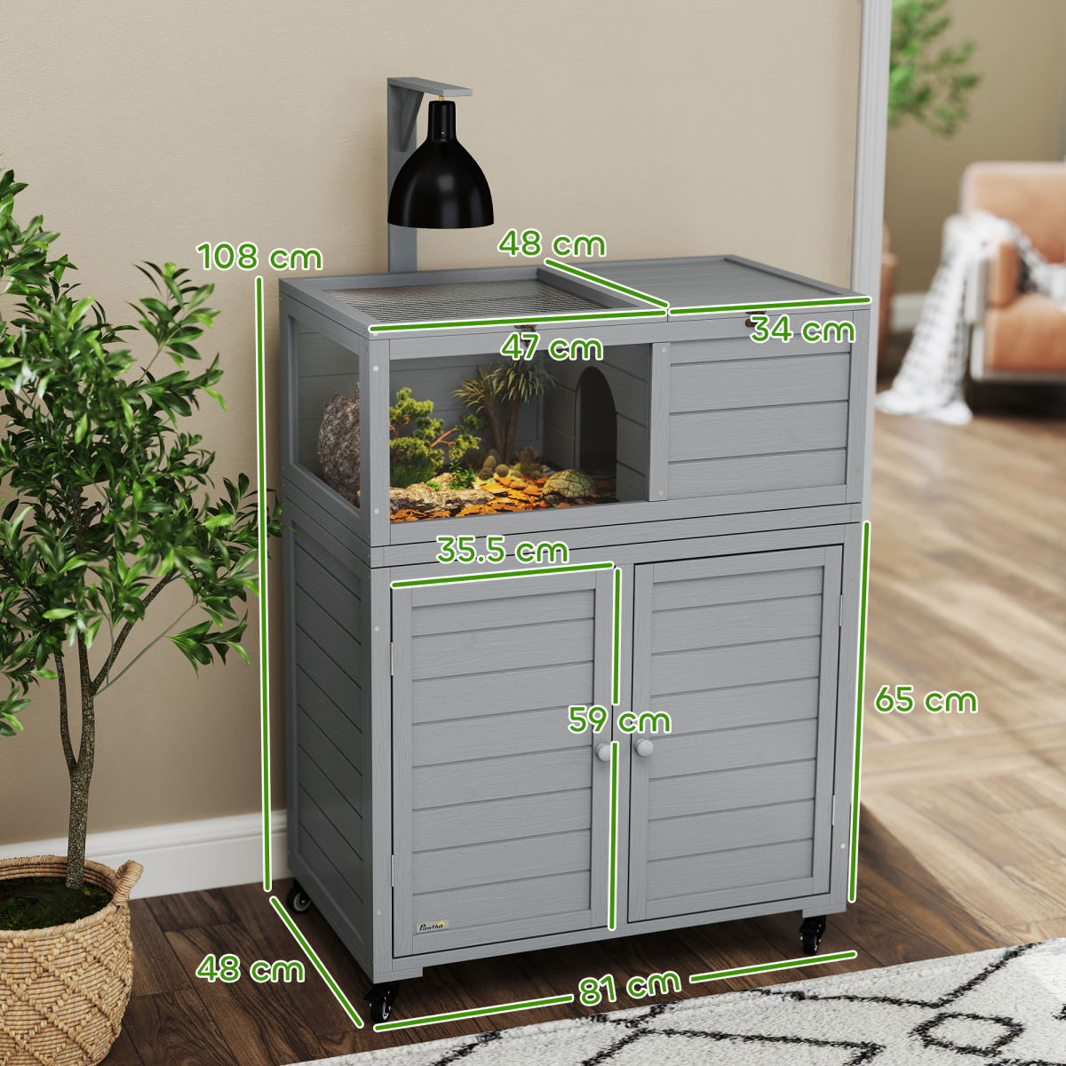 PawHut Tortoise House with Storage Cabinet, Openable Top & Lamp Holder