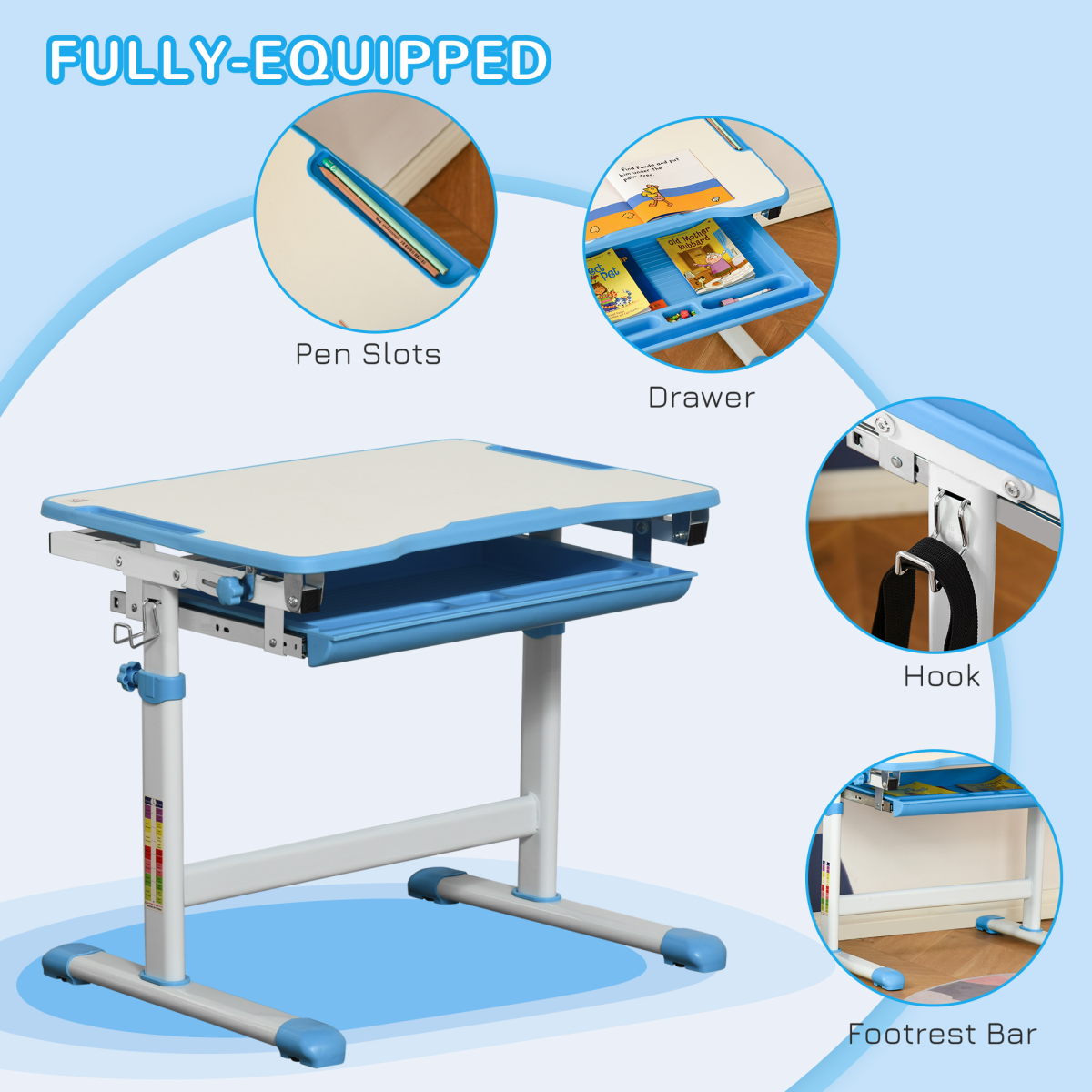 Kids Desk and Chair Set Adjustable Tiltable with Drawer Pen Slot Hook