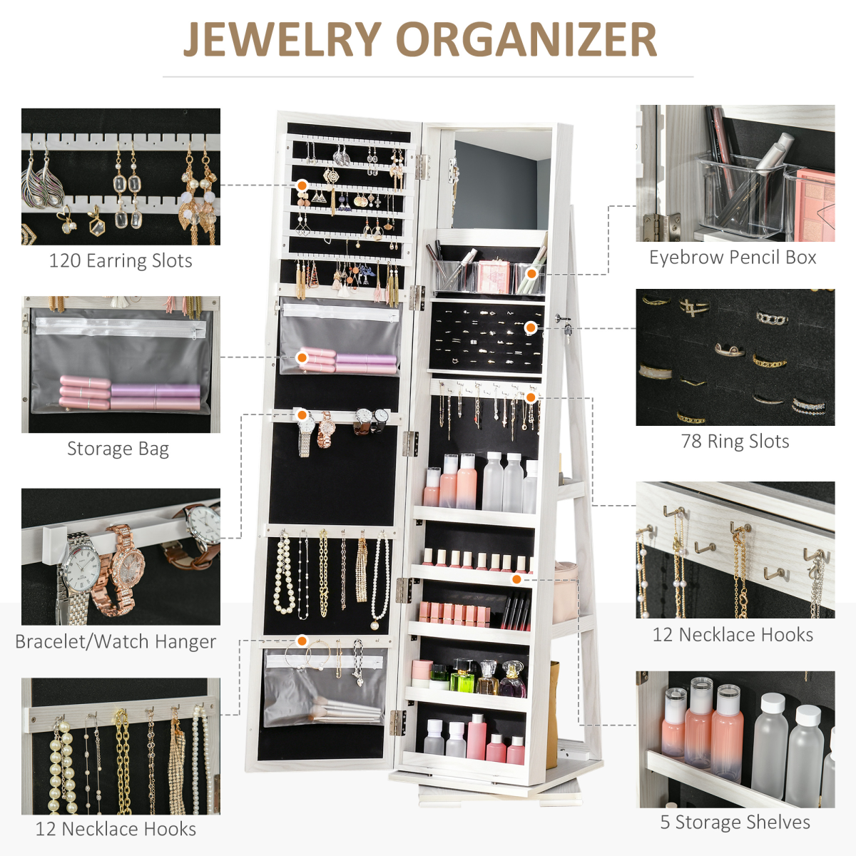 Full Length Mirror Jewelry Cabinet, 360° Rotating, Lockable