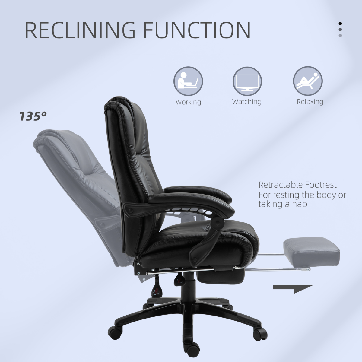 Executive High Back Office Chair with Reclining Backrest, Retractable Footrest, Adjustable Height, 360 Swivel Wheels, Black