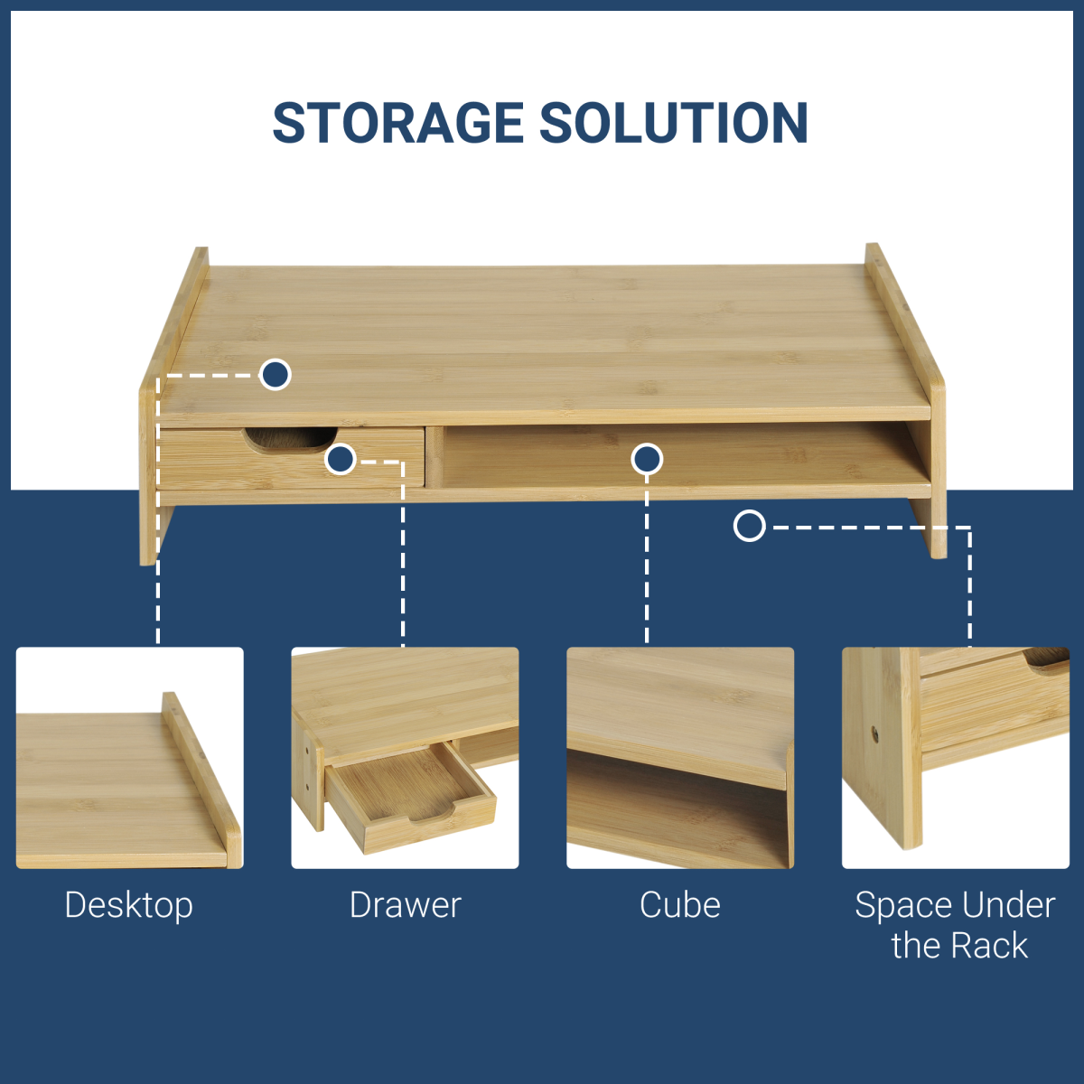 HOMCOM Bamboo Monitor Riser Desk Organizer with Drawer