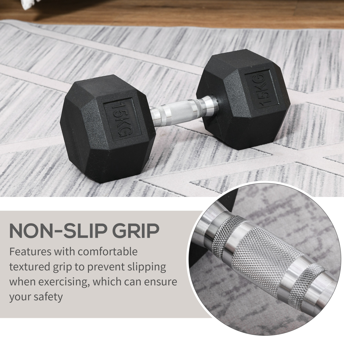 15KG Single Rubber Hex Dumbbell, Portable Hand Weight for Home Gym