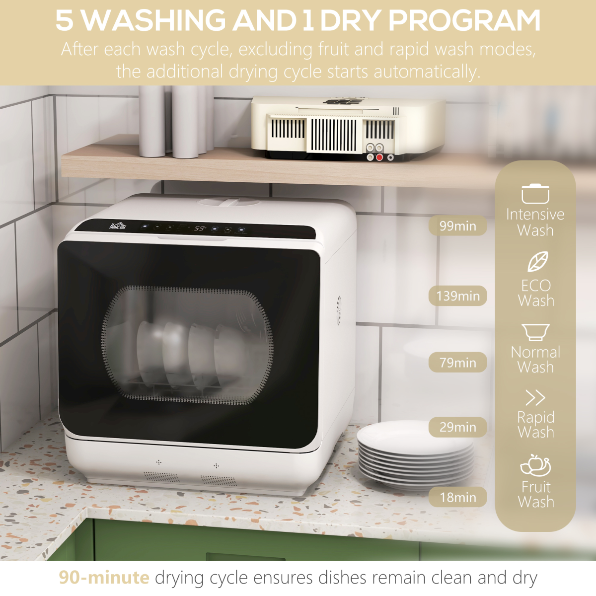 HOMCOM Table Top Dishwasher, 4 Place Settings, 6 Programmes, Fruit Wash Mode