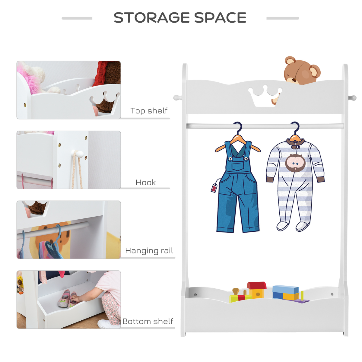 Kids Wooden Clothes Rack with Storage Shelves and Hooks, Princess Hall Tree for Ages 3-8 Years