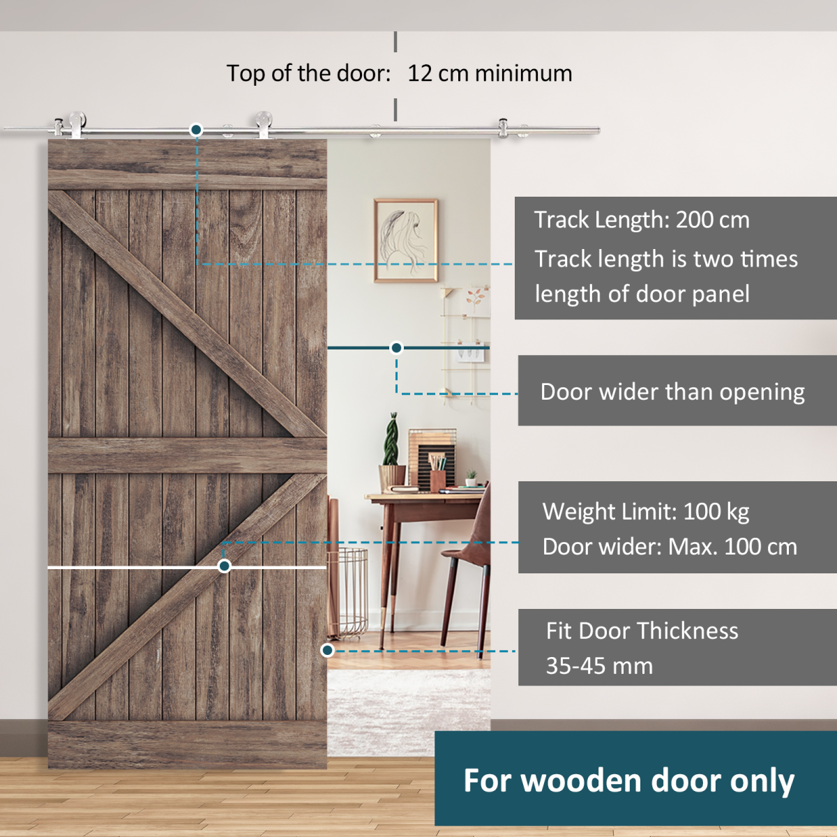Sliding Door Track Kit for Single Wooden Door, Stainless Steel Rail, 100kg Max Load, Includes Roller, Stopper, Floor Guide and Tools