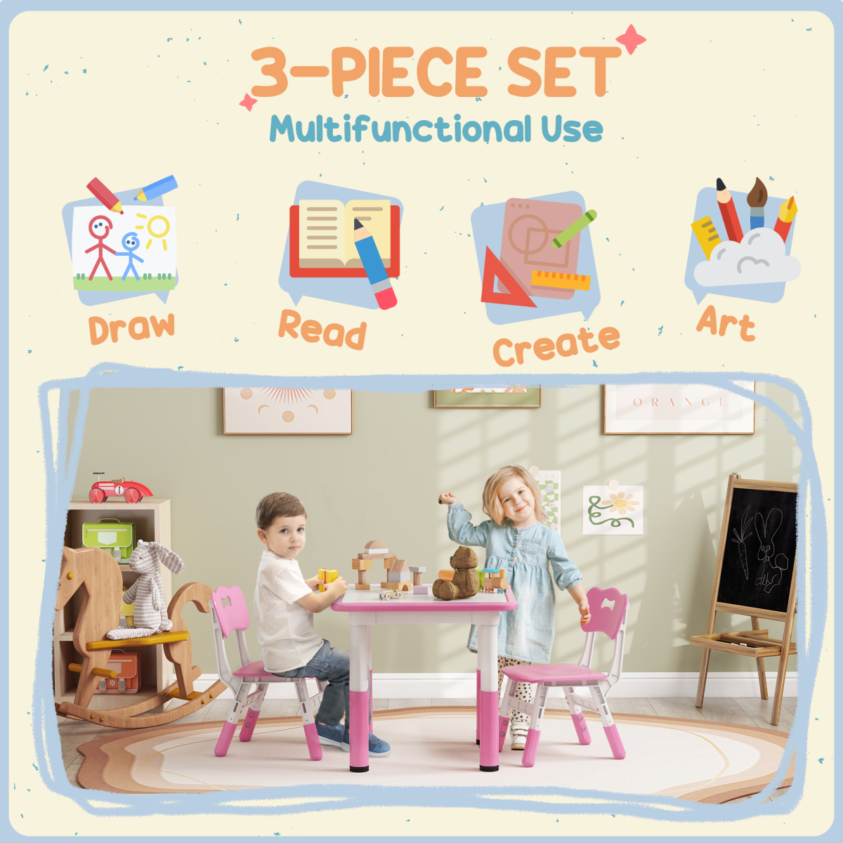 AIYAPLAY 3-Piece Adjustable Kids Table and Chair Set, Pink