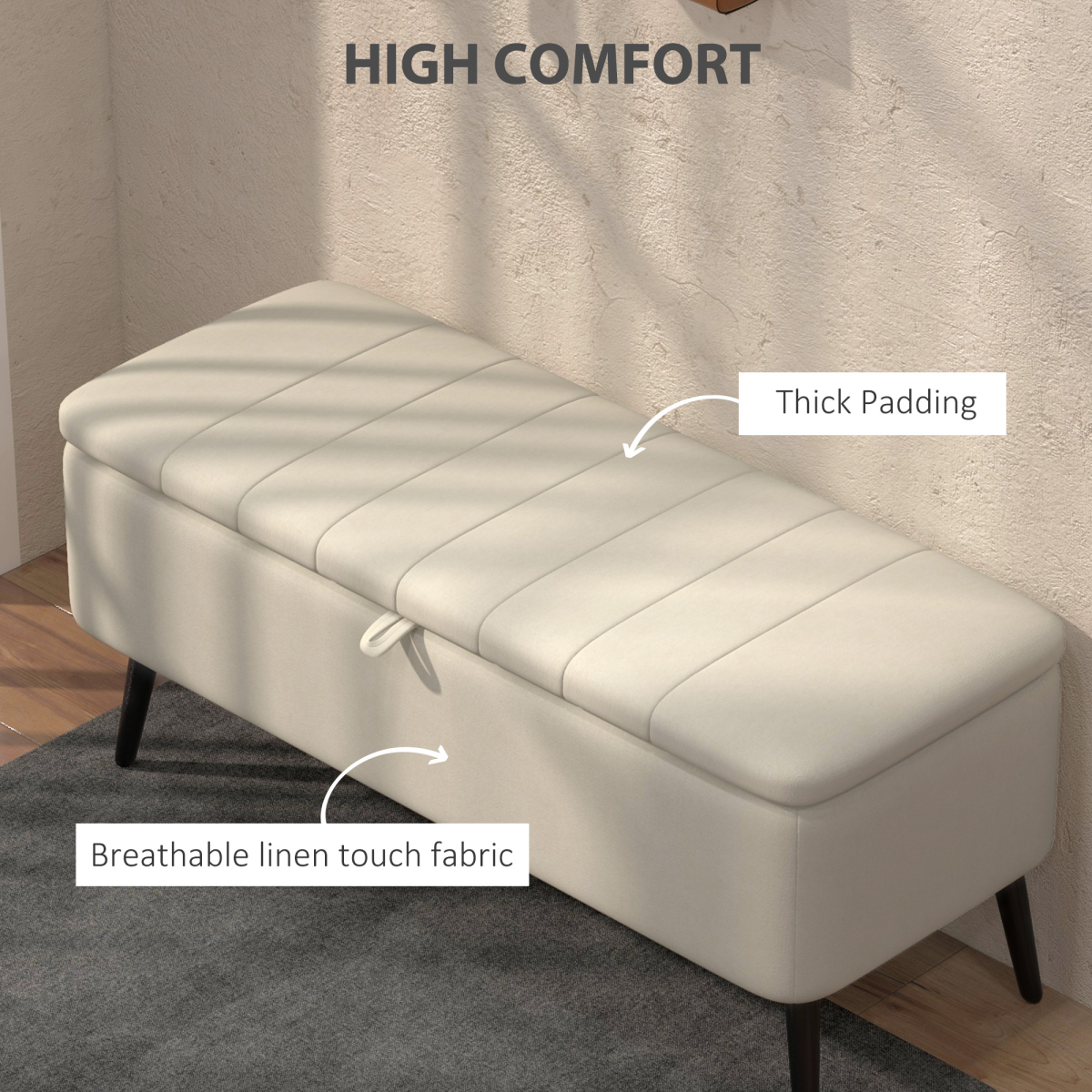 HOMCOM Storage Ottoman Bench, Linen-Touch Fabric, Steel Legs, Cream White