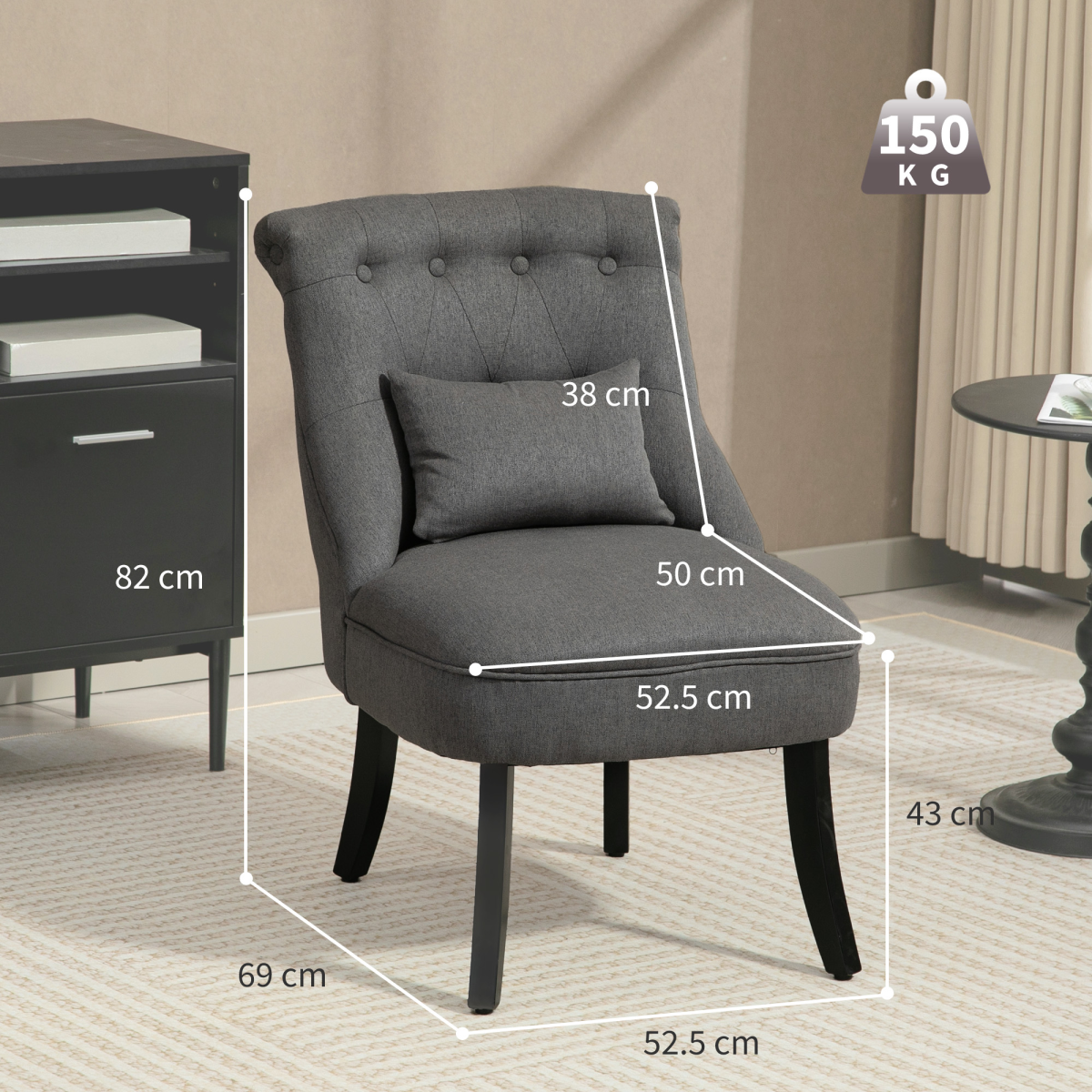 HOMCOM Charcoal Grey Fabric Single Sofa with Pillow, Wood Legs