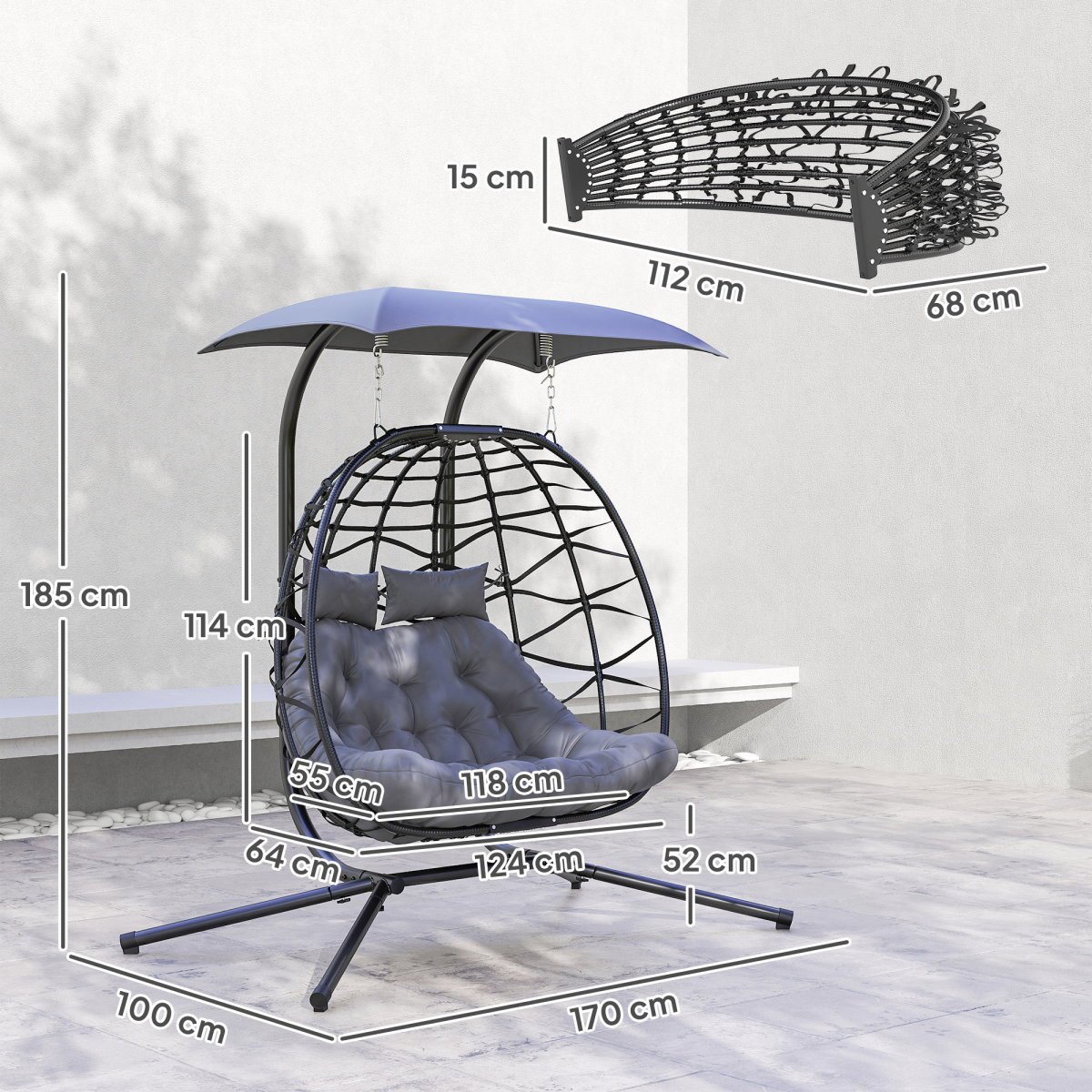Outsunny Rattan Double Hanging Egg Chair with Canopy & Cushion, Black