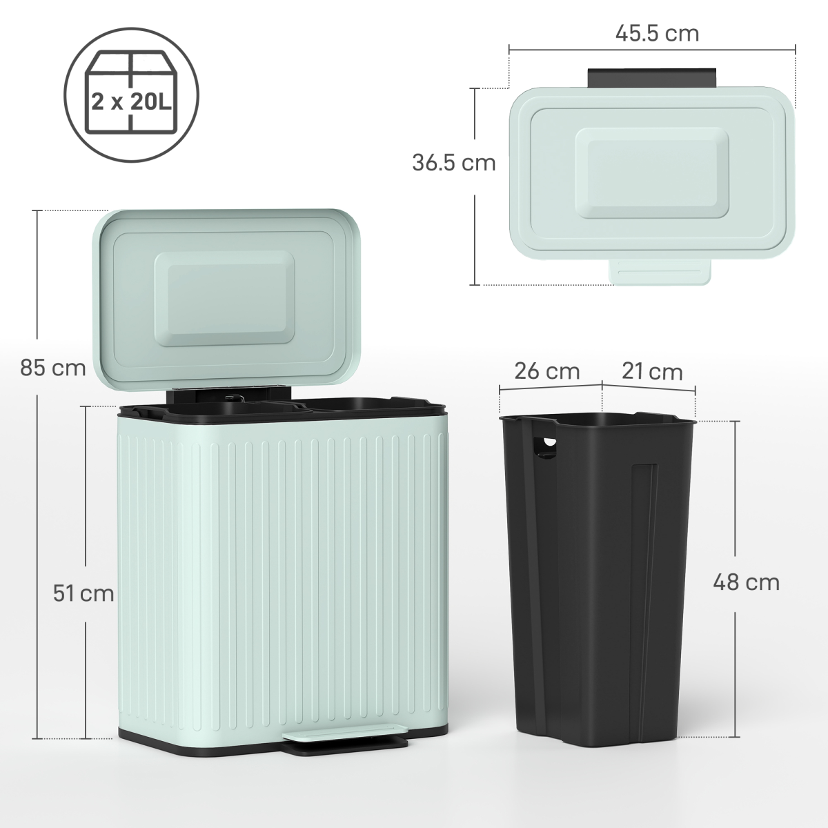 HOMCOM 2 x 20L Double Pedal Rubbish Bin with Soft-Close Lid, Green