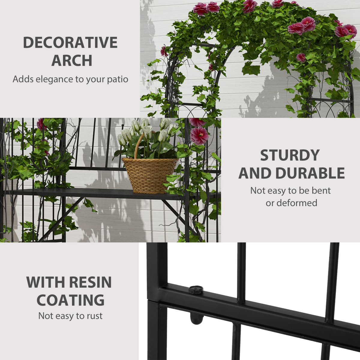 Outsunny Garden Arch Bench with Trellis Arbor, Outdoor Patio Metal Bench for Climbing Plants, Antique Black
