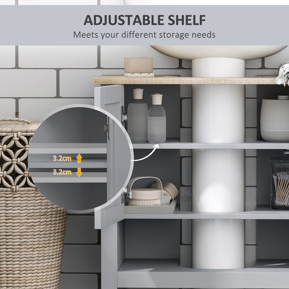 kleankin Bathroom Under Sink Cabinet with Storage Shelf, Double Door, Adjustable Shelf, Mid-Grey Wood-Effect Finish