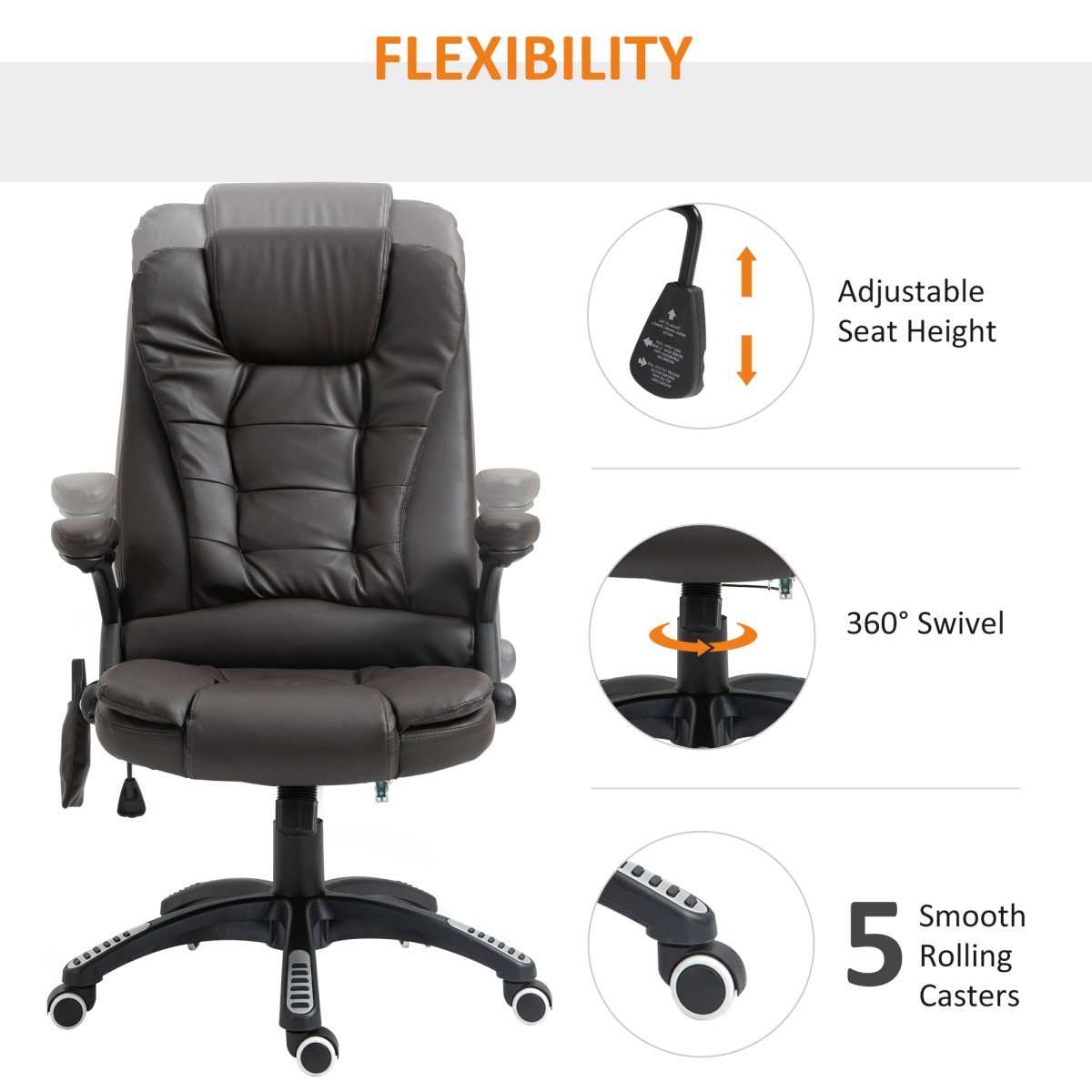 Executive Reclining Office Chair with Massage and Heat, Brown