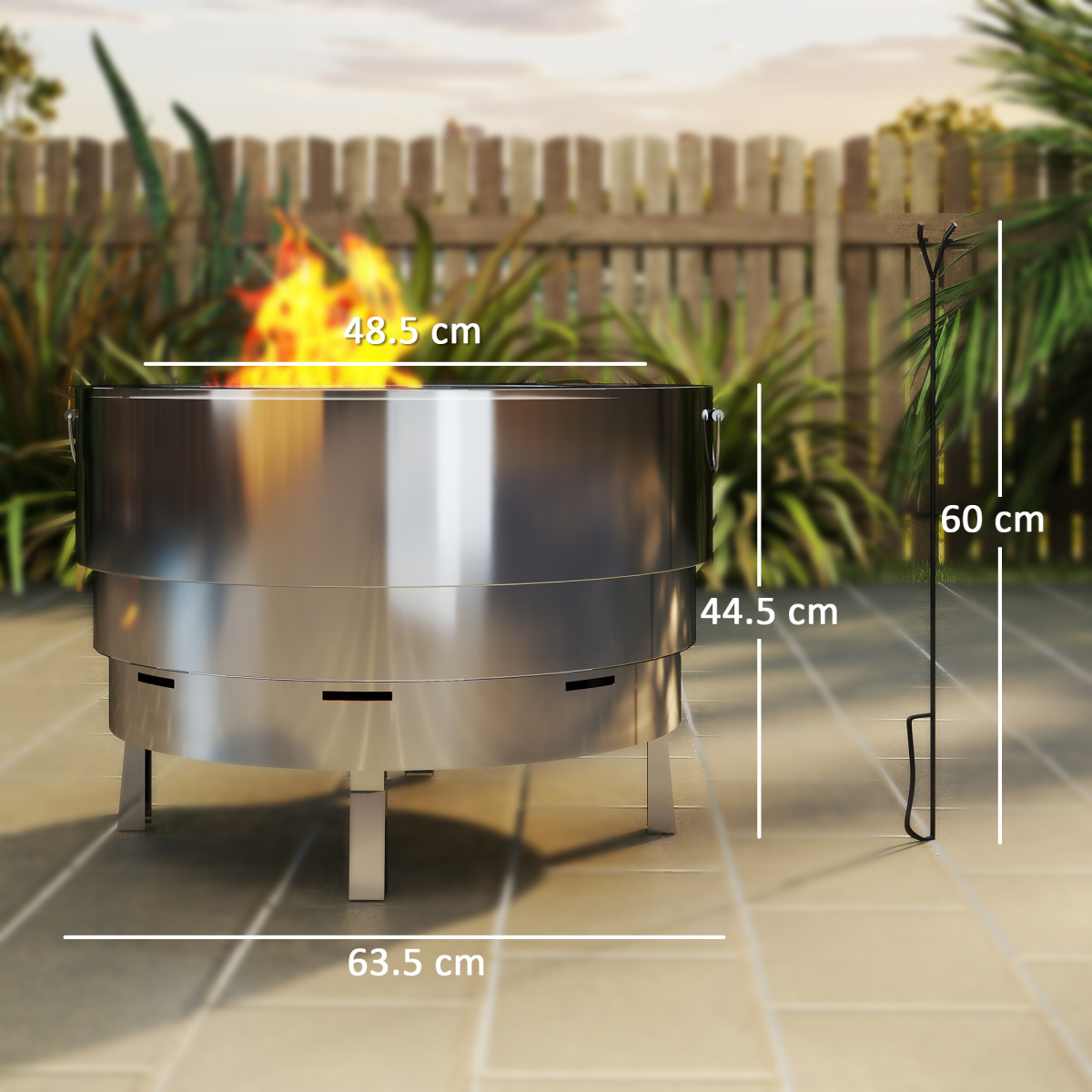 Outsunny Stainless Steel Round Fire Pit with Grill Net, Silver
