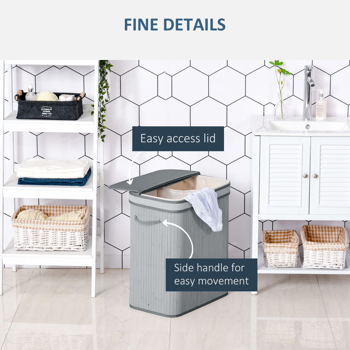 100L Grey Bamboo Flip Lid Laundry Basket with Removable Washable Lining