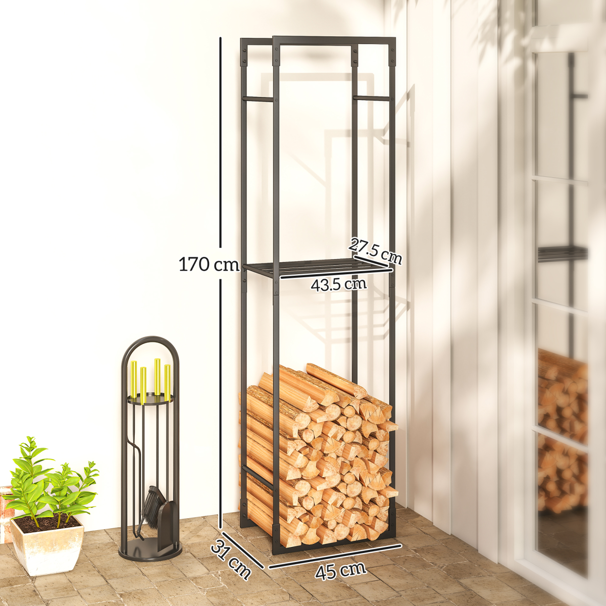 Outsunny Metal Firewood Rack with Adjustable Shelf, Black