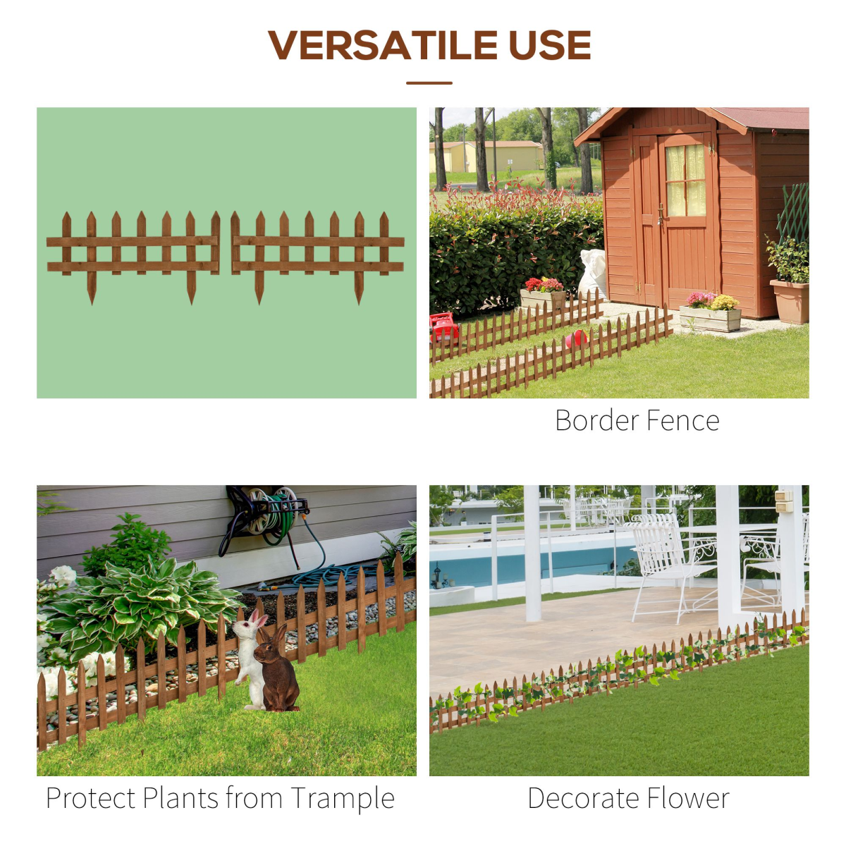 Outsunny 12-Pack Wooden Garden Border Fence Panels, Fixed Picket Fencing