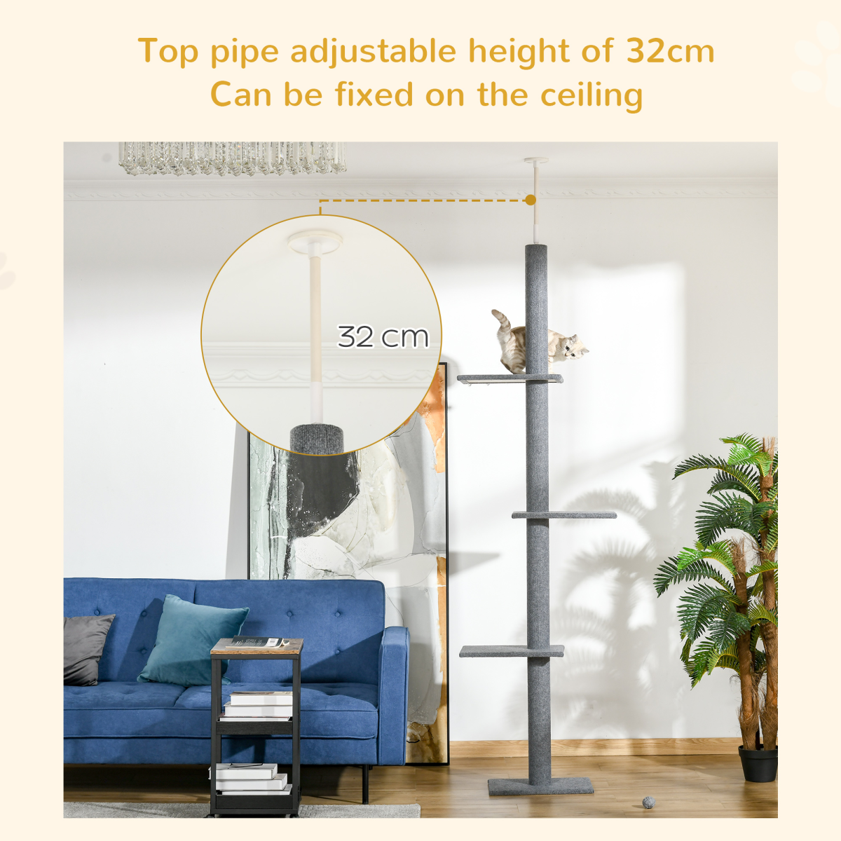 260cm Floor to Ceiling Cat Tree, Adjustable Height Cat Tower, Grey
